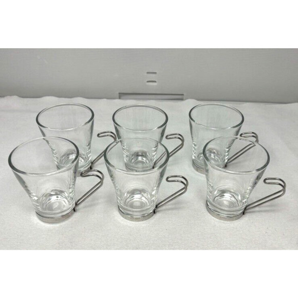 6 Vintage BORMIOLI VITROSAX ITALY Cappuccino Glass Mugs with Stainless Handles - Picture 1 of 6